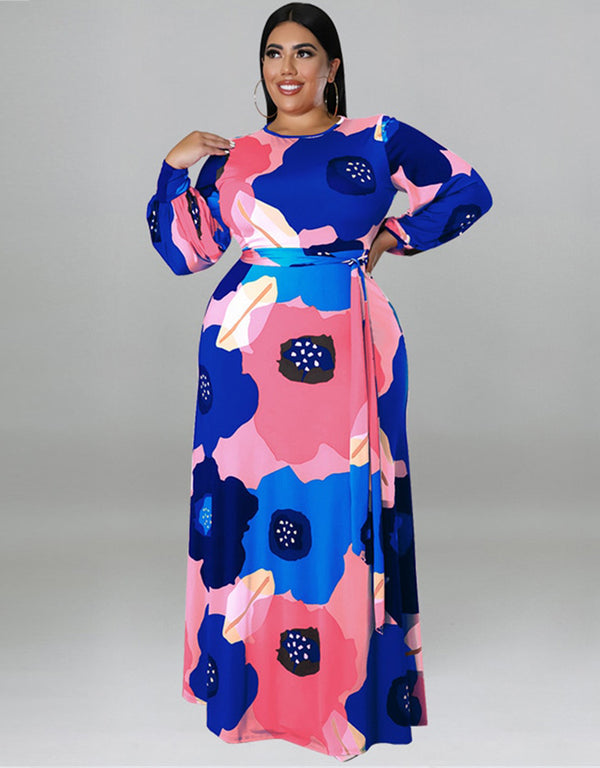 Loose Long Sleeve Flower Print Big Hem Elegant Maxi Dress for African ladies